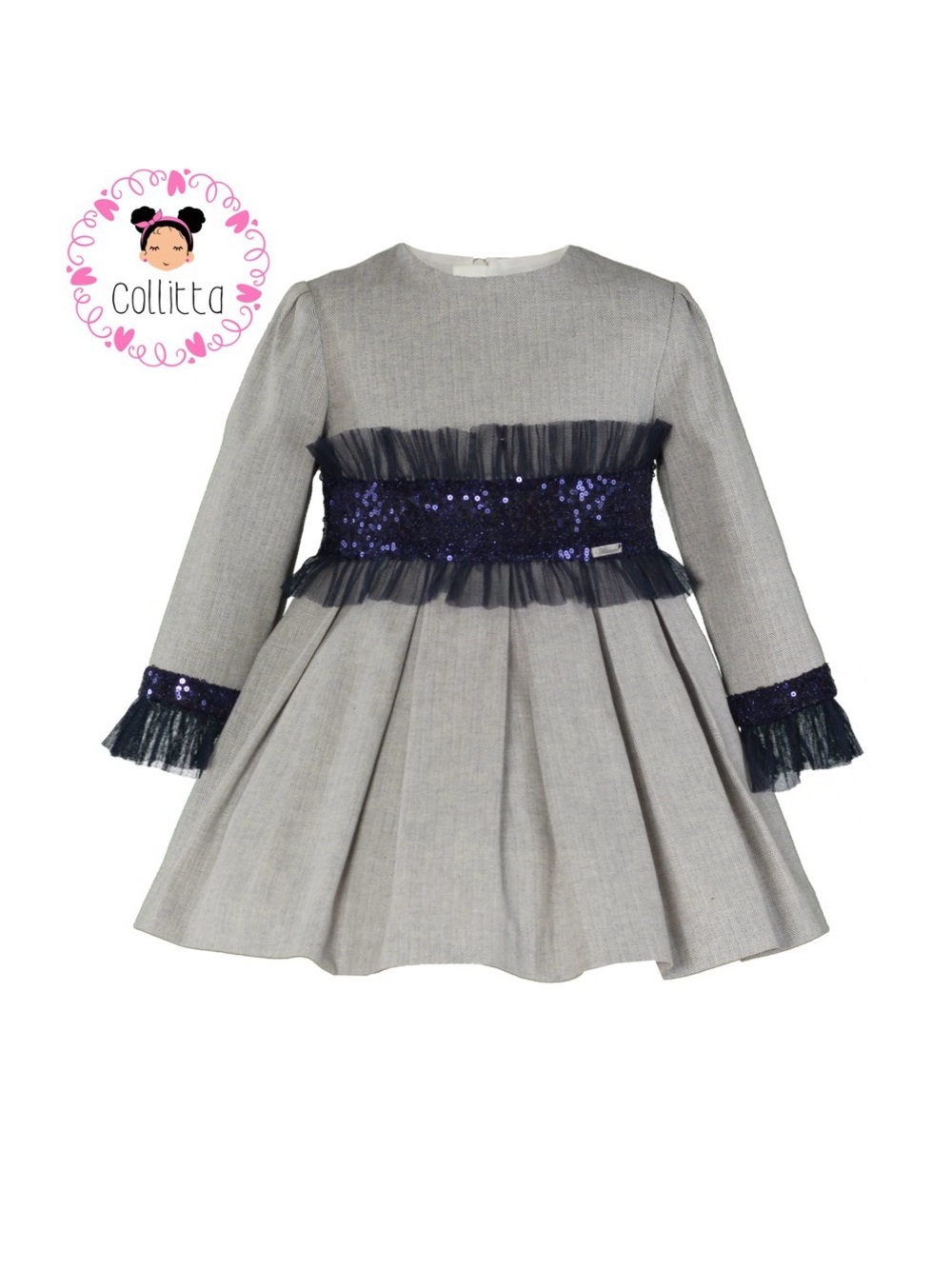 Collitta Gray Long-Sleeve Dress with Navy Sequin Waistband